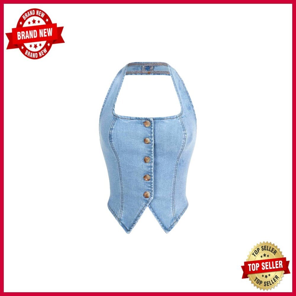 Small Denim Vest Halter Strapless Button Up Y2K Western Cropped Top